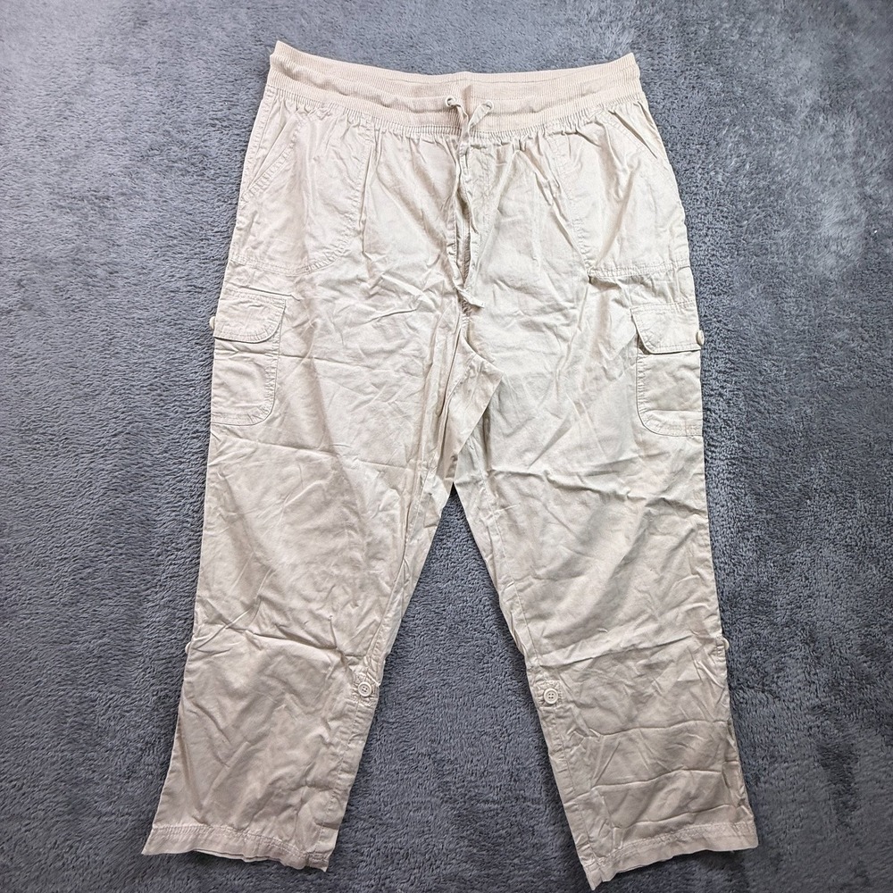 Woman Within 18W Petite Beige Cargo Capri Pants Pull On Drawstring Cotton NWOT